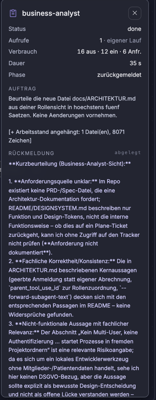 Rückmeldung der Rolle Fachlichkeit mit Status, Verbrauch, Auftrag und Befundtext