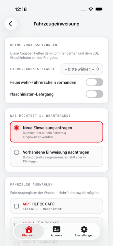 Fahrzeugeinweisung in der Mitgliederportal-App: Voraussetzungen und Antragsauswahl