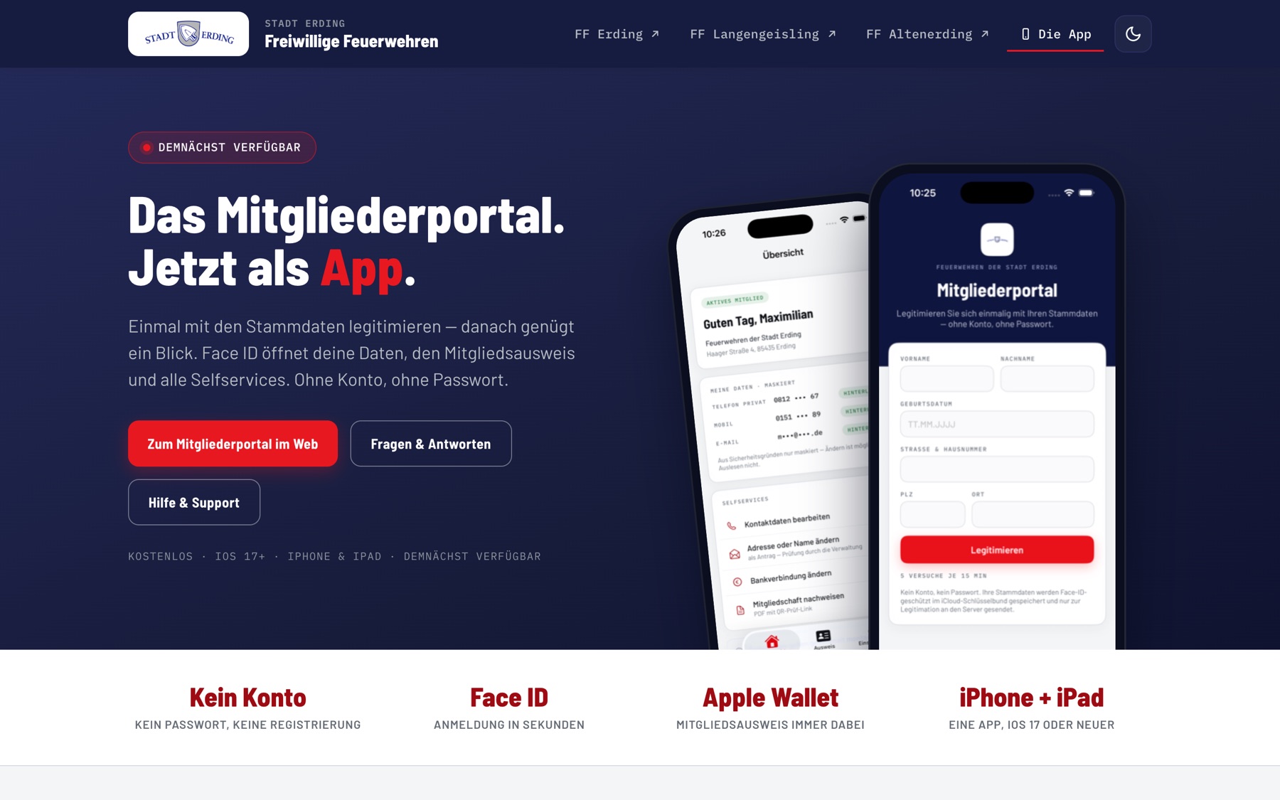 Vorstellungsseite der Mitgliederportal-App der Feuerwehren der Stadt Erding